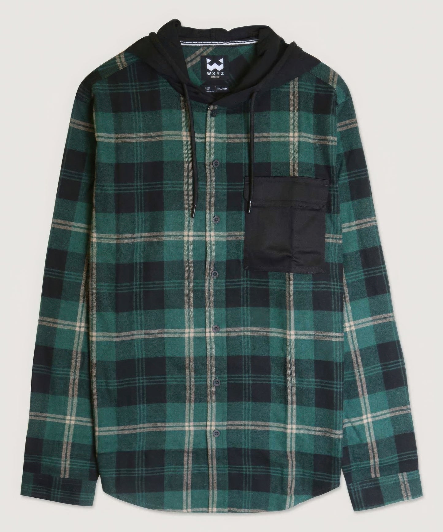 Contrast Pocket Plaid Hooded Shirt