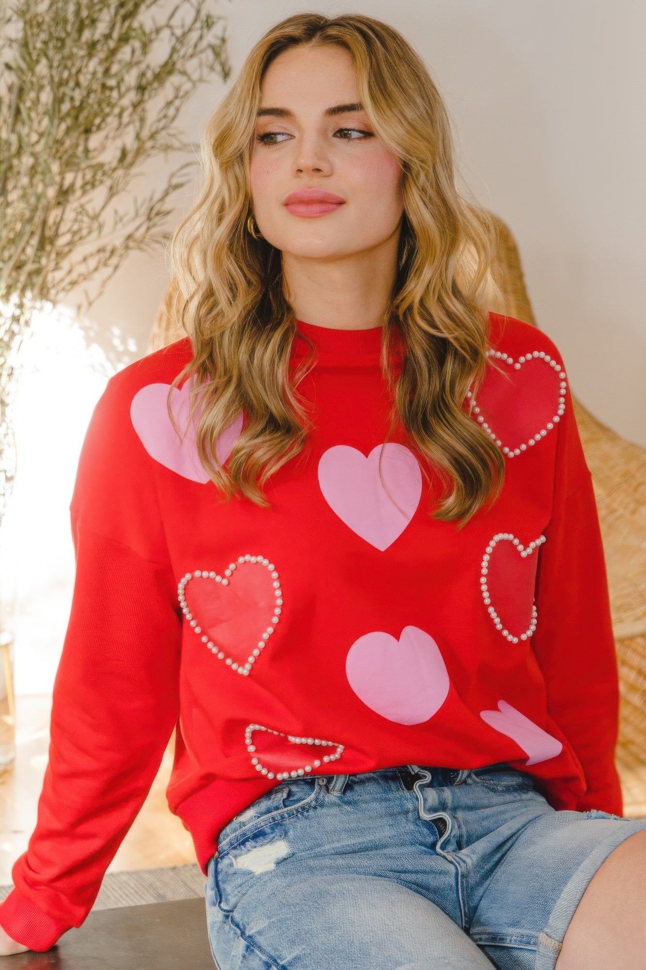 Heart Pattern With Pearl Embellished Sweatshirts