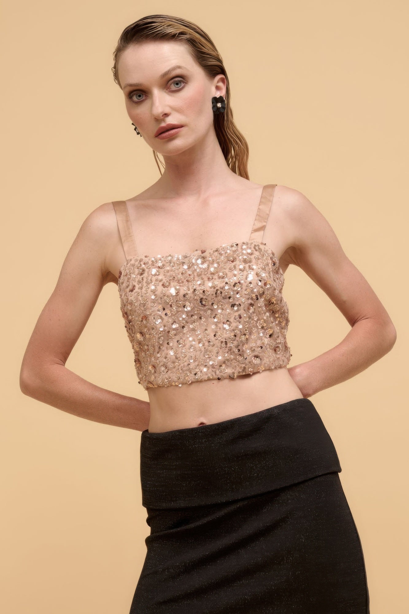 Floral sequins straight neck crop top